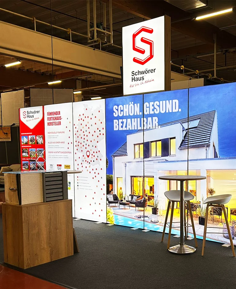 UlrichWerbung_SchwoererHaus_Messestand_Modular_Fertighaus_Essen Panz Nachlass-Kanzlei Corporate Design Visitenkarten